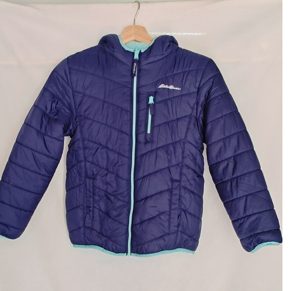 Eddie Bauer Youth Reversible Puffer Jacket Light Blue Navy Hood Fleece M 10 12